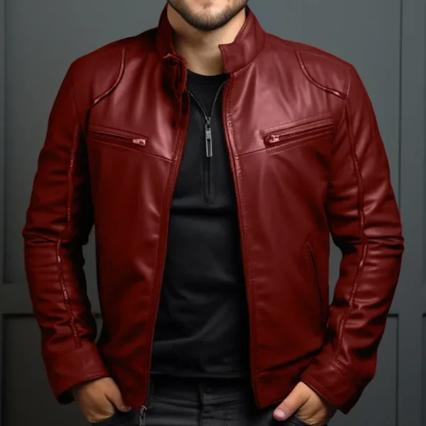 Men's Biker Leather Jacket Stand-up Collar Punk Leather Jacket Men - Image 4