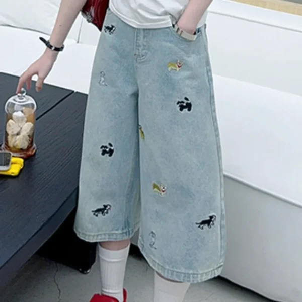 New Girls Mid-Calf Denim Kids Capris Teen Girls Casual Cropped Jeans With Cute Puppy Embroidery Design Teenage Shorts Ages 4-14Y - Image 5