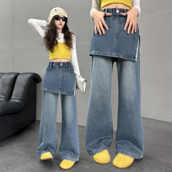 Girls' Wide-leg Denim Pants Vintage Slit Straight-leg Long Pants Suitable for Teens School, Casual, and Everyday Wear
