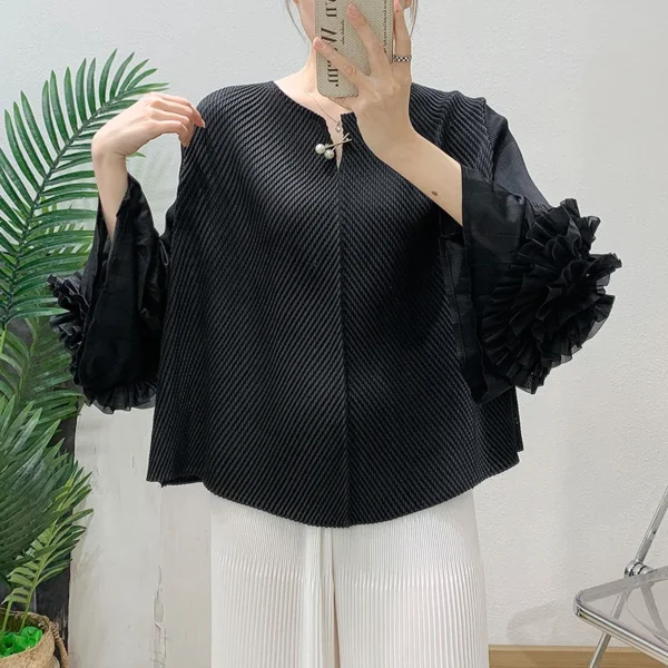 Miyake Pleated Applique Solid Colour Women's Tops 2025 Summer New Premium Sense Fashion Casual Loose Peplum T-Shirt ALSEY - Image 5