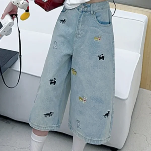 New Girls Mid-Calf Denim Kids Capris Teen Girls Casual Cropped Jeans With Cute Puppy Embroidery Design Teenage Shorts Ages 4-14Y - Image 3