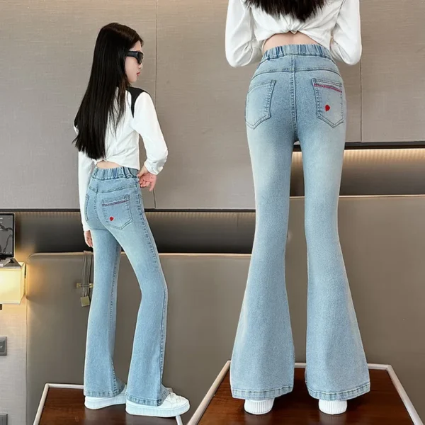 Fashion Jeans for Girls with Heart pocket New Arrvial Kids Vintage Tight Denim Flare Pants Spring Autumn Teenage Slim Trousers - Image 5