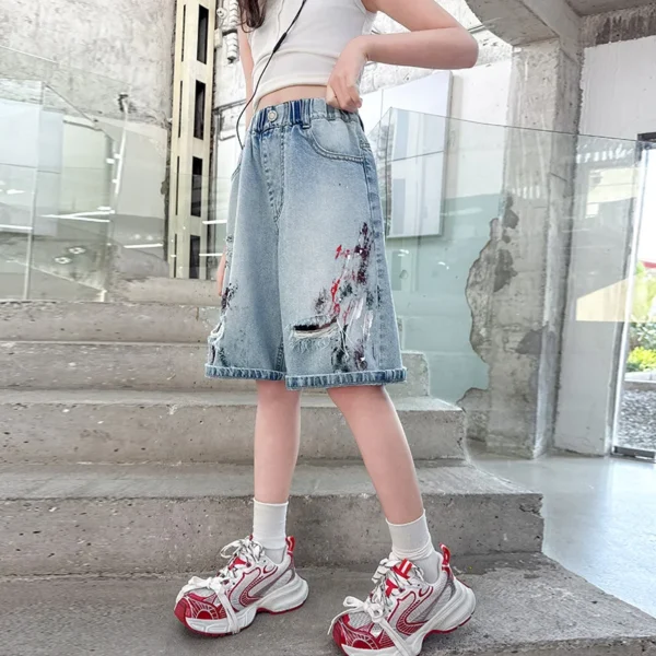 Summer New Arrival Kids Girls Ripped Denim Shorts with Drawings Teens Child Fashion Broken Hole Mid Calf Capris Jeans Age 5-14T - Image 3