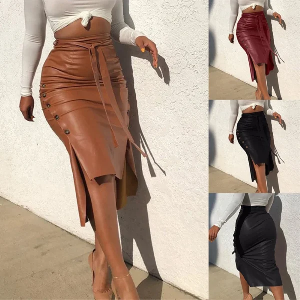 Elegant High Side Split Faux Leather Women Button High Waist Maxi Asymmetric Skirt 2024 Street INS PU Bodycon Midi PU Skirts