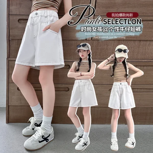 Child Cool Street Knee Short Pants Kids Solid White Denim Shorts Back Pocket with Butterfly for Teen Girls Casual Summer Shorts - Image 3