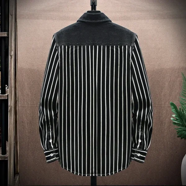 Men's Trendy All-match Loose and Thickened Long-sleeved Jacket with Striped Jacquard Denim Shirt for Spring and Autumn. - Image 3