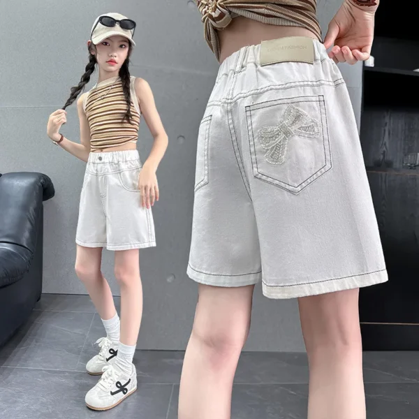 Child Cool Street Knee Short Pants Kids Solid White Denim Shorts Back Pocket with Butterfly for Teen Girls Casual Summer Shorts
