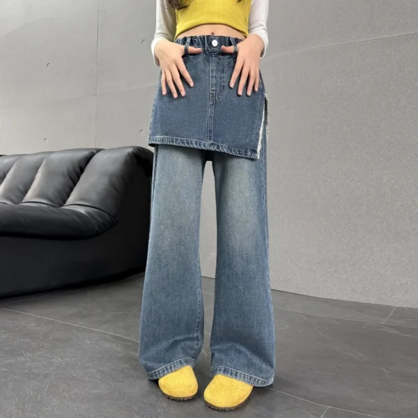 Girls' Wide-leg Denim Pants Vintage Slit Straight-leg Long Pants Suitable for Teens School, Casual, and Everyday Wear - Image 6
