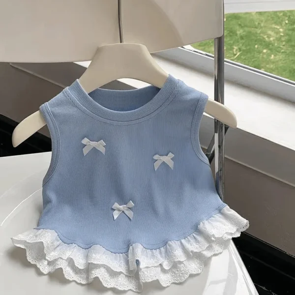 Girls' Bow Short Tank Top 2025 Summer New Style Baby Lace Splicing Sleeveless Top Trendy