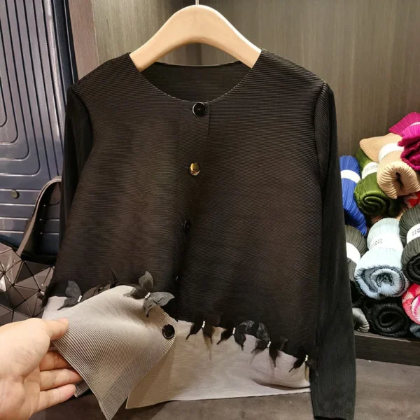 Colorblocking Tops Miyake Round Neck Women's Tops Single Breasted Loose Design Slim Peplum Long Sleeve Cardigan 2025 Summer New - Image 2