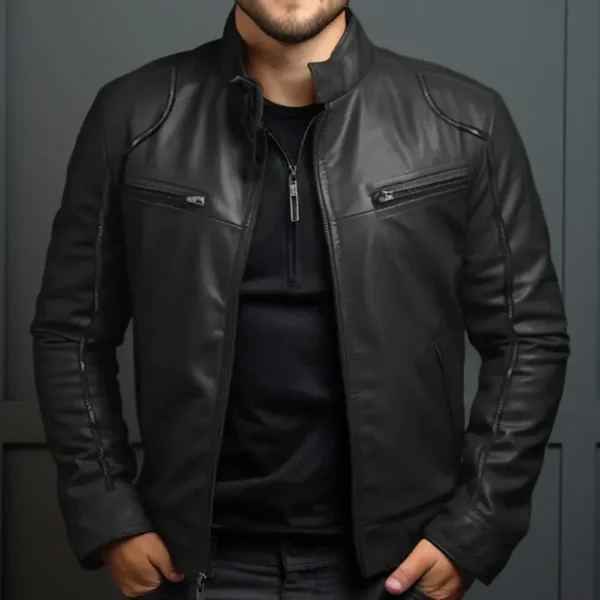 Men's Biker Leather Jacket Stand-up Collar Punk Leather Jacket Men - Image 3