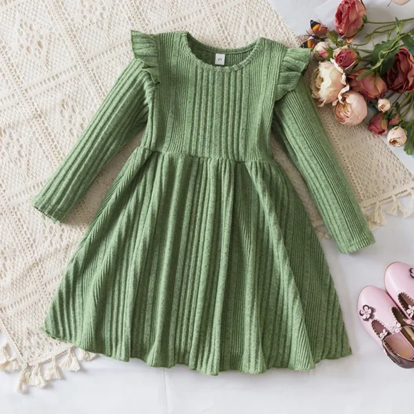 2024 New Girls Knitting Wool Long Sleeve Dress Korean Autumn Girls Baby Ruffle Knit Rib Princess Sweater Dress Casual Clothes - Image 5