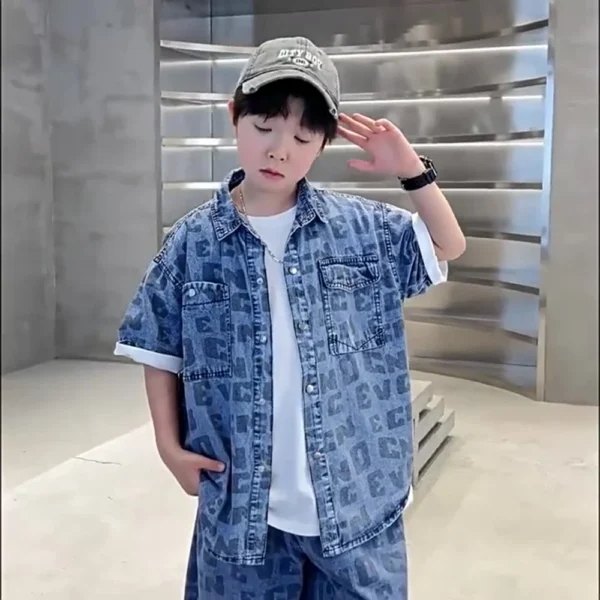 New Summer Boys Casual Clothing Set for Kids Shirt And Short Denim 2 Piece Outfit Set Teens Child Cool Streetwear Suit Wear - Image 2