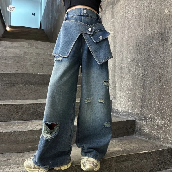 Girls 2025 Distressed Wide-Leg Jeans Autumn New Korean Fashion Ripped Fake Two-Piece Denim Pants for Tweens & Teens