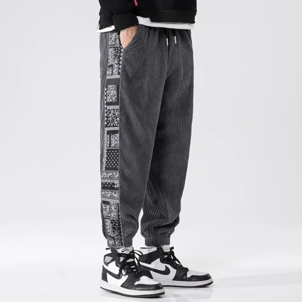 Trousers Chinese Style Printed Stitching Corduroy Men's Casual Pants Autumn Winter New Male Elastic Waist Small Feet Sweatpants - Image 3