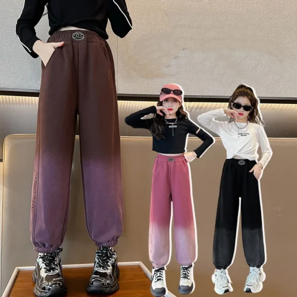 Teenage Girls Pants Spring Autumn Cotton Kids Gradient Design Pocket Jogger Sweatpants Girls Sporty Trousers Trackpants Clothing - Image 2