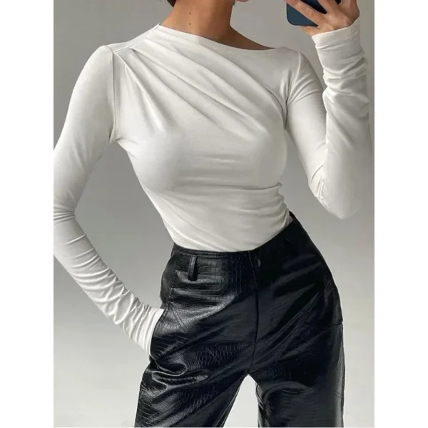 JINIA Women Long Sleeve Crop Top Y2K Basic Tee Solid Skew Neck Pullover Autumn Streetwear Black