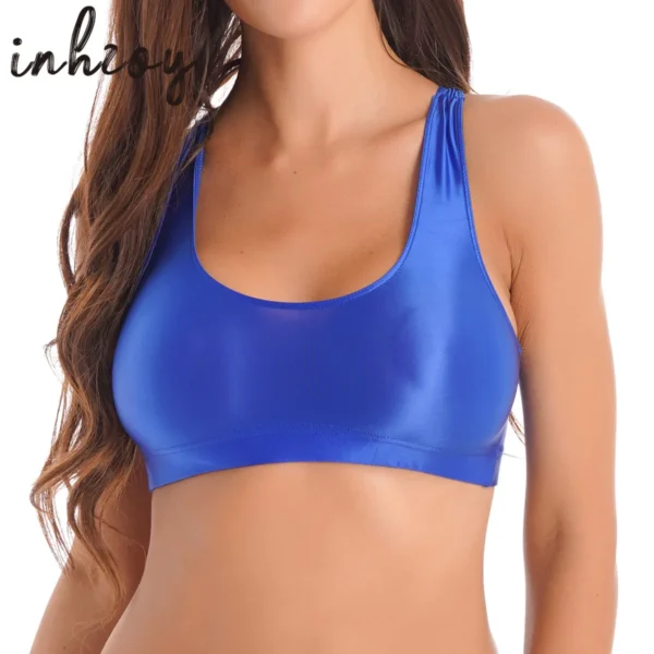 Womens Glossy Tanks Sleeveless Oil Shiny Crop Top Vest Swimwear U Neck Fitness Yoga Workout Cheer Booty Dance Tops Clubwear