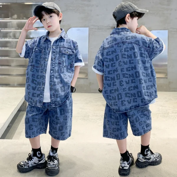 New Summer Boys Casual Clothing Set for Kids Shirt And Short Denim 2 Piece Outfit Set Teens Child Cool Streetwear Suit Wear