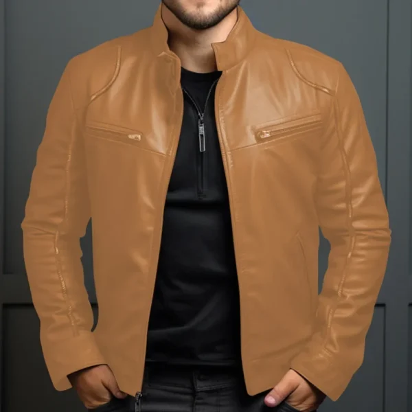 Men's Biker Leather Jacket Stand-up Collar Punk Leather Jacket Men - Image 5