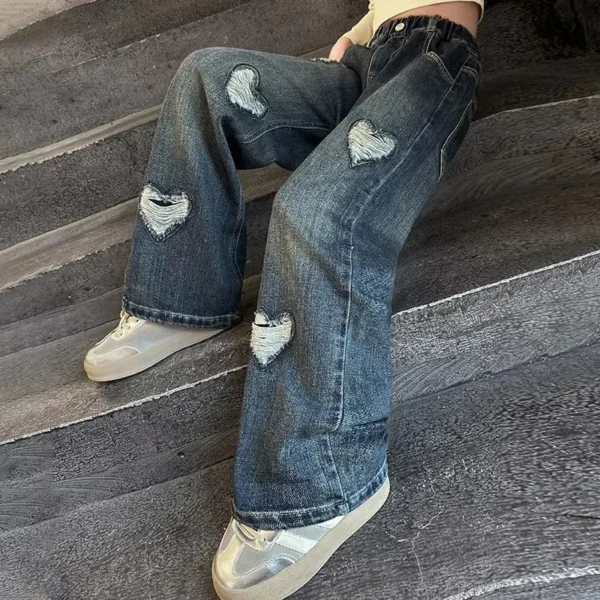 Korean Kids Ripped Jeans with Hearts For Teen Girl Fashion High Waist Teenager Ripped Denim Pants Long Trousers Age 5 To 14 Year - Image 3