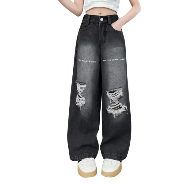 Fashion Girls Straight Fit Ripped Jeans With Hole Kids Destroyed Denim Trousers For Teens High Street Style Broken Jeans Wear - Image 2