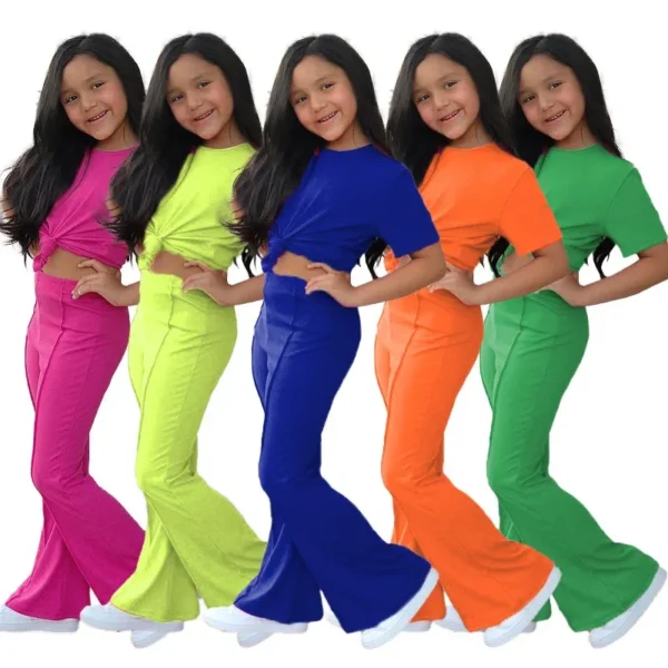 2025 Summer Girls Bell Bottom Outfits 2pcs Solid Cotton T-shirt Pants Suit For Children Teenage Girls Fashion Tracksuit Clothes - Image 2