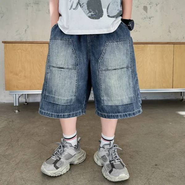 Boys Denim Shorts Teen Boys Vintage Style Knee-Length Jeans Teenage Child Blue Denim Baby Short Trousers Toddler Ages 4-14Y