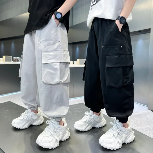 Kids Summer Design Thin Style Cotton Cargo Tapered Pants For Teen Boy Casual Pocket Jogger Trousers Child Solid Color Sweatpants