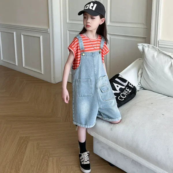 2025 Summer Kids Girls Overalls Jeans for Child deep blue Denim Jumpsuit Pockets short Teens lady Suspender Trousers 5 -14 Year - Image 6