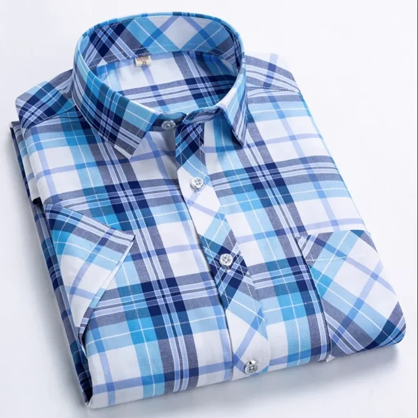Large Size 5XL Men Checkered Stripe Short Sleeved Shirt Fashion Male Business Casual Lapel Shirt Slim Fit Top - Image 2