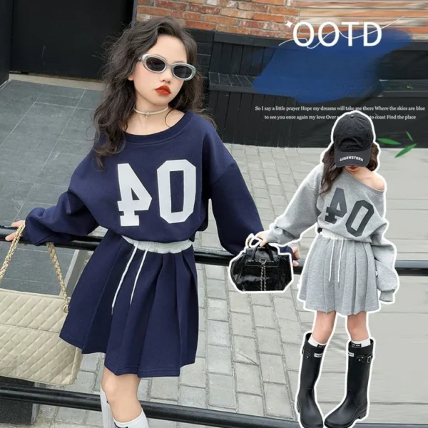 Girls Tracksuit Casual Printed Pullovers Pleated Skirt 2pcs Spring New Children Clothing Set Blue Sport Teen School Kids Outfits - Image 2