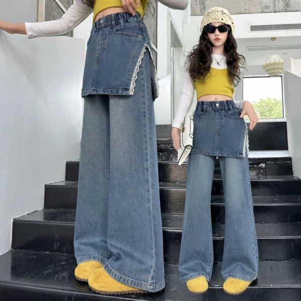 Girls' Wide-leg Denim Pants Vintage Slit Straight-leg Long Pants Suitable for Teens School, Casual, and Everyday Wear - Image 2