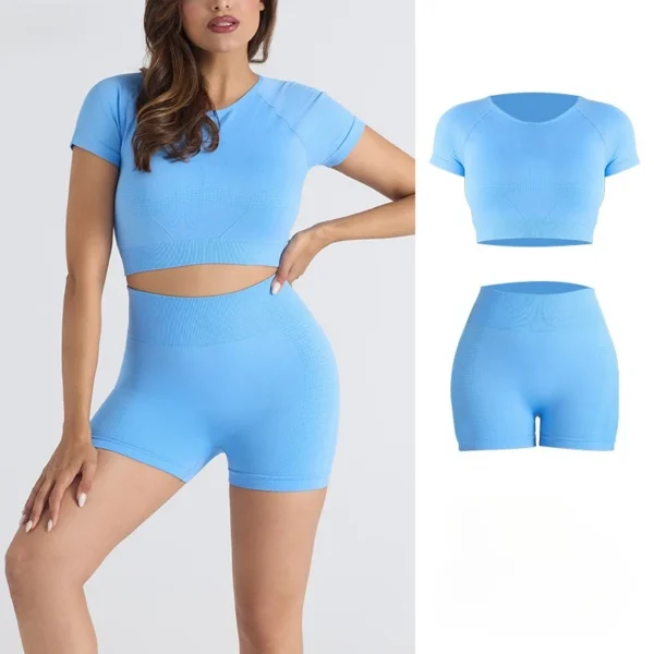 Mileegirl Women Yoga Sets Seamless Sports Crop Top Short Sleeves High Waist Gym Shorts Tight Fit Fitness Shirts Workout Vest