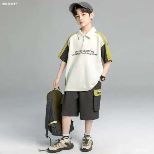 Boys' Summer Outfit Set New Trendy Kids' Short Sleeve Polo Shirt + Shorts Casual Streetwear Cool Two-Piece Set with Pants - Image 3