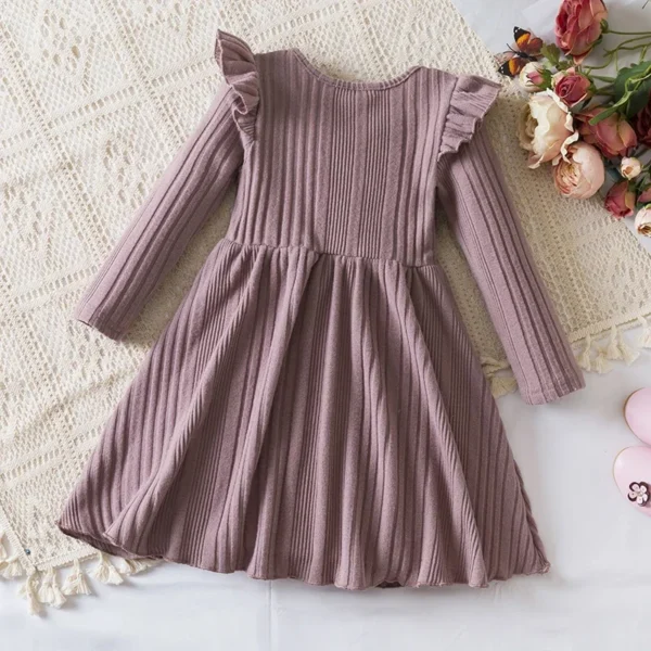 2024 New Girls Knitting Wool Long Sleeve Dress Korean Autumn Girls Baby Ruffle Knit Rib Princess Sweater Dress Casual Clothes - Image 4