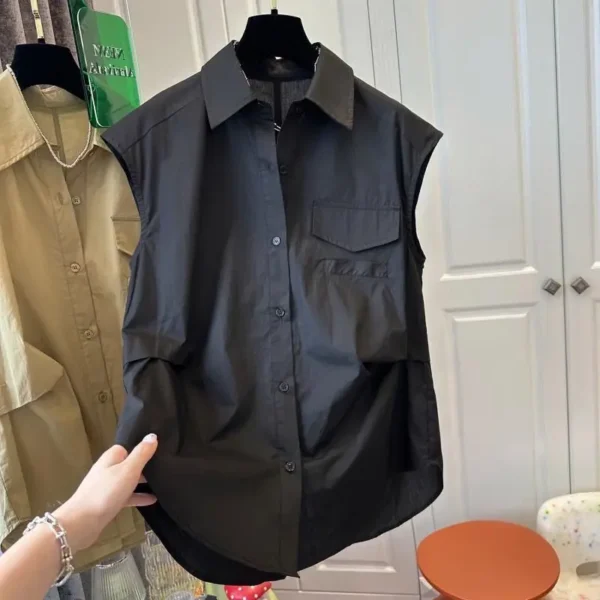 Plus Size Pleated Loose Shirt Tops Summer New Polo Neck Sleeveless Solid Simplicity Youth Blouse Casual Fashion Women Clothing - Image 2