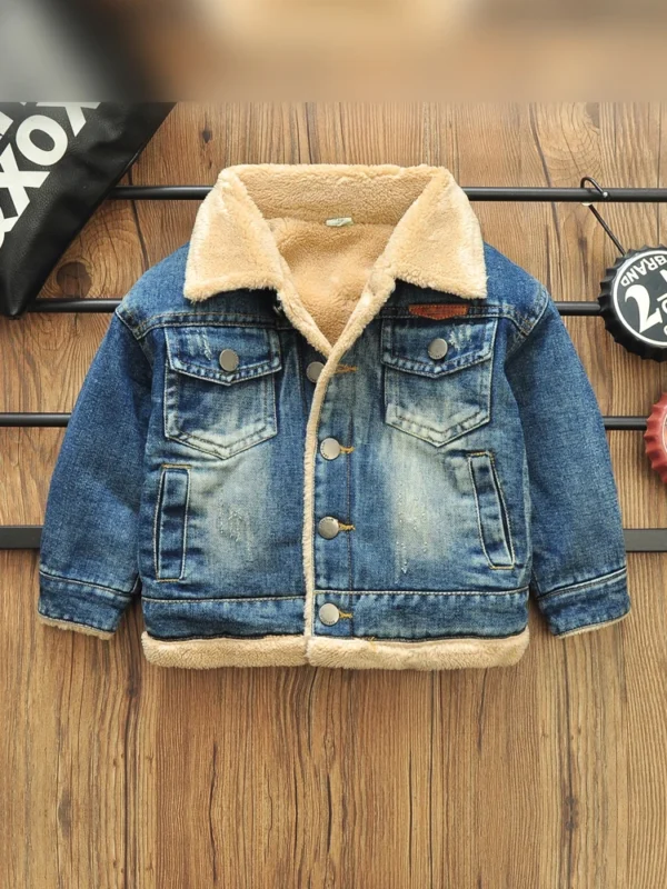 2-8 Years Old Kids Boy Denim Jackets Velvet Warm Coat Autumn Winter Lapel Fleece Lining Jean Coats Boys Outerwear