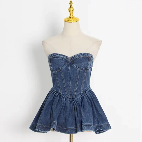 Spicy Girls Denim Boob Tube Top Strapless Peplum Back Zipper Sleeveless Sexy Temperament Spring Summer Women Clothing 52919