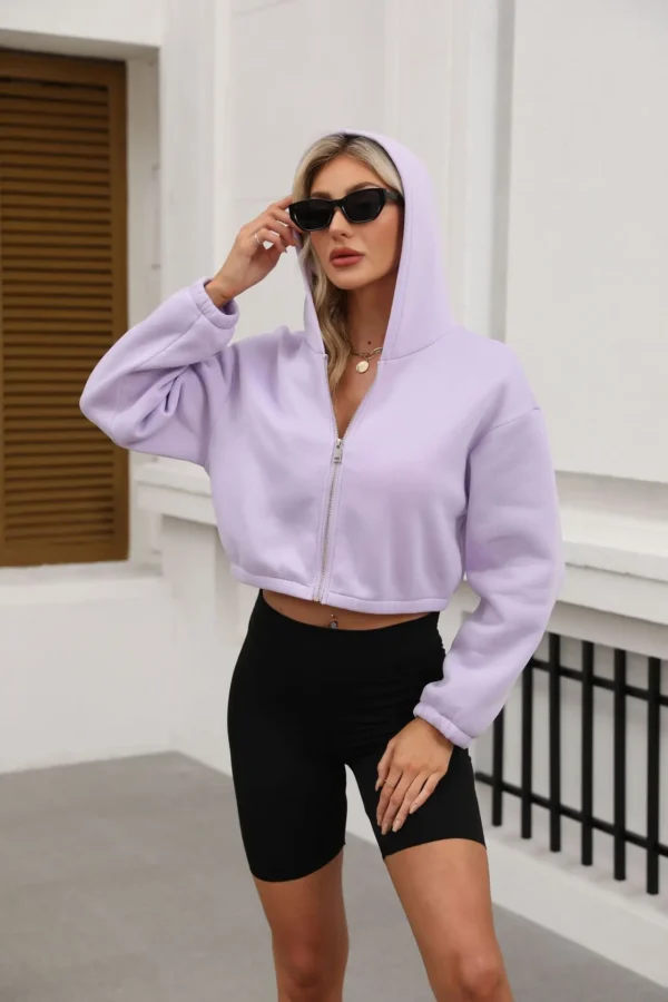 New Women's Sweatshirt Long-sleeved Hooded Short Version Fashionable Zipper Solid Color Sportswear Top Jacket for Women - Image 3