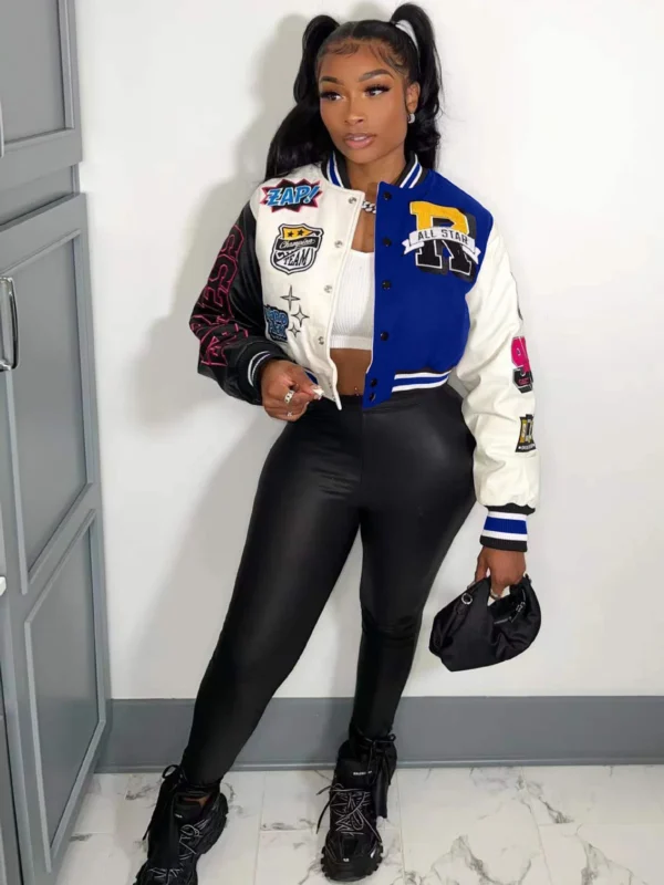 Varsity Jacket For Women 2022 Fall Winter Print Patchwork Long Sleeve Buttons Streetwear Racing Bomber Jackets Top Y2k - Image 5