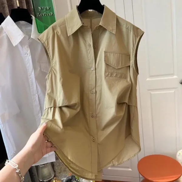Plus Size Pleated Loose Shirt Tops Summer New Polo Neck Sleeveless Solid Simplicity Youth Blouse Casual Fashion Women Clothing