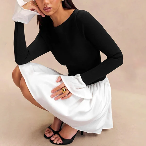 Women Autumn Short Dress Long Flared Sleeve Boat Neck Contrast Color Cocktail Dress - Image 4