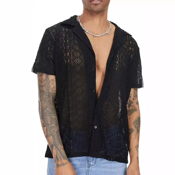 Fashionable New Men's Lace Short Sleeved Shirt with Floral Transparent Buttons Holiday Hollow Perspective Lining - Image 3