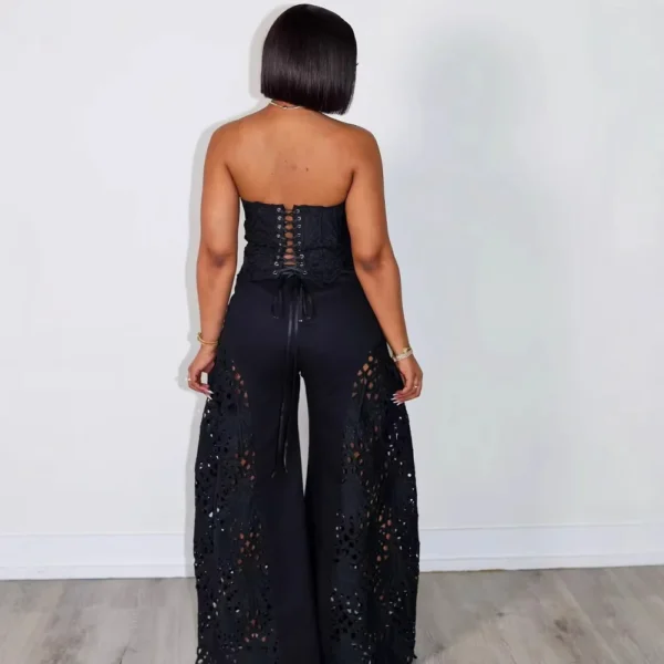 Two Piece Sets Women Pant Set Strapless Matching Sets Short Tops Wide Leg Long Pants Slim Fit Lace Hollow Out Y2k Streetwear - Image 3