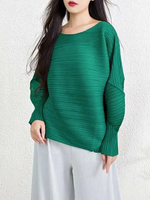 Irregular Niche Design Women's Tops Pleated Round Neck T Shirt Women Full Sleeve Solid Colour Peplum Miyake Summer New 2025