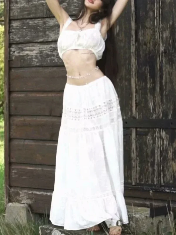 Women‘s Casual 2 Piece Sets Bandage Sleeveless Crop Top See Through Lace Up A Line Maxi Dress Holiday Party Lady Outfits - Image 4