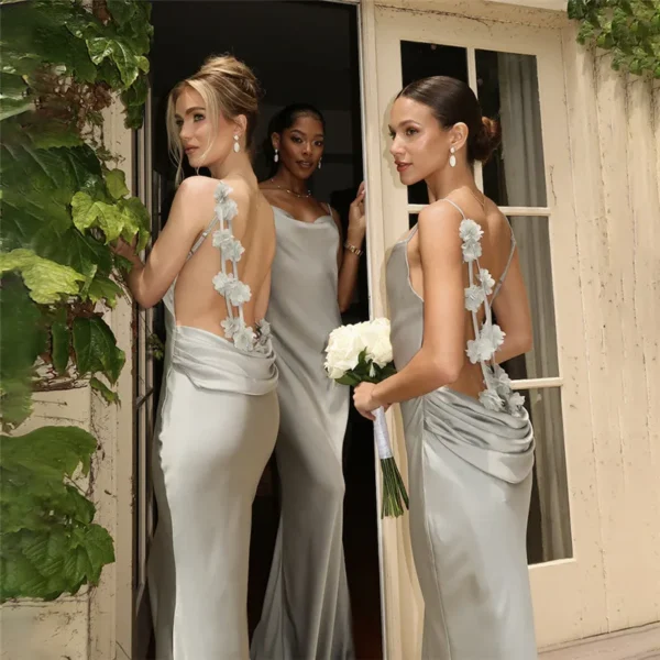 Elegant Bridesmaids Women's Prom Dress Summer 3D Flower Beach Sexy Sleeveless Backless Formal Hot Girl Casual Long Party Skirt