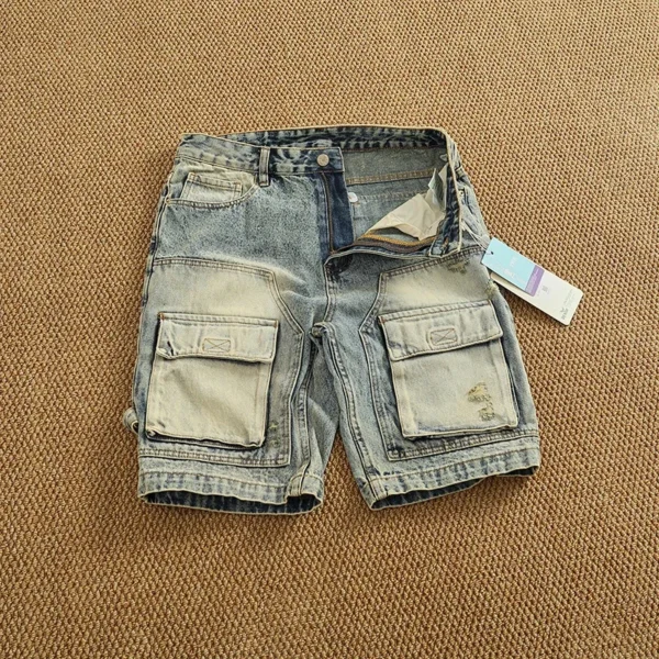 Summer new popular denim medium pants fashion men high street trend baggy multi-pocket cargo quarter - Image 2