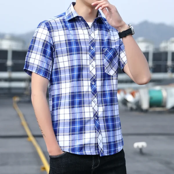 Large Size 5XL Men Checkered Stripe Short Sleeved Shirt Fashion Male Business Casual Lapel Shirt Slim Fit Top - Image 5